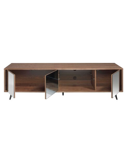 Meuble TV 4 portes effet miroir noyer/acier/noir/verre - 180x50x45 cm