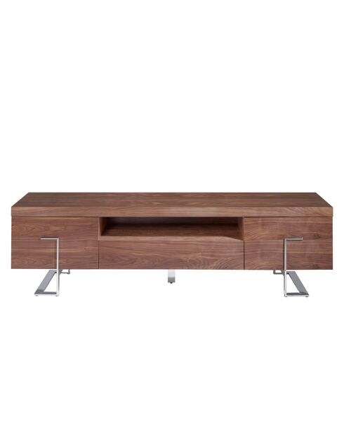 Meuble TV 2 portes et 1 tiroir noyer/acier chromé - 200x51x56 cm