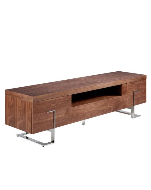 Meuble TV 2 portes et 1 tiroir noyer/acier chromé - 200x51x56 cm