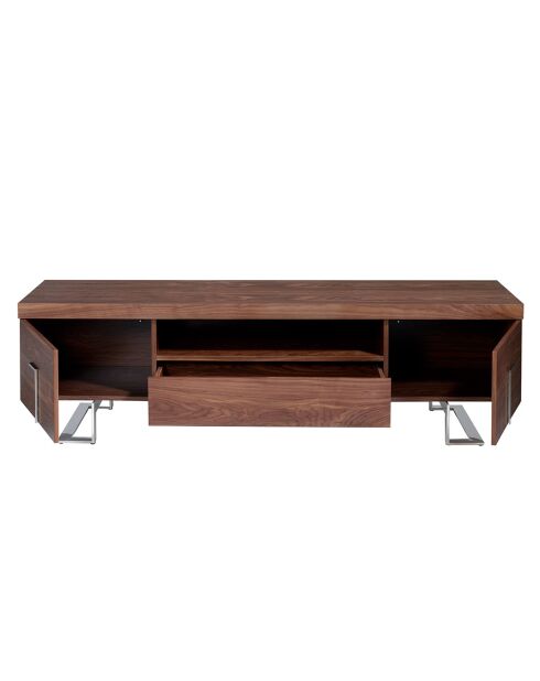 Meuble TV 2 portes et 1 tiroir noyer/acier chromé - 200x51x56 cm