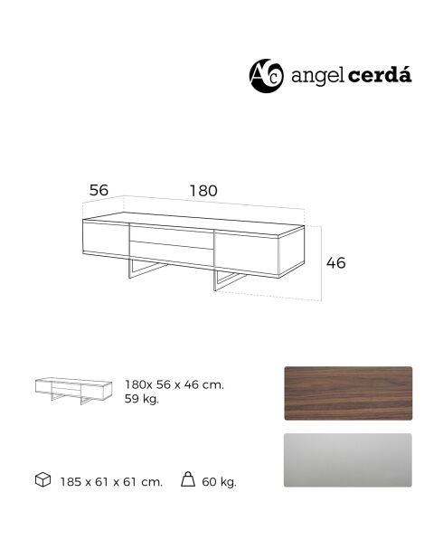 Mueble de TV con dos puertas y dos cajones en nogal/plata - 180x56x46 cm