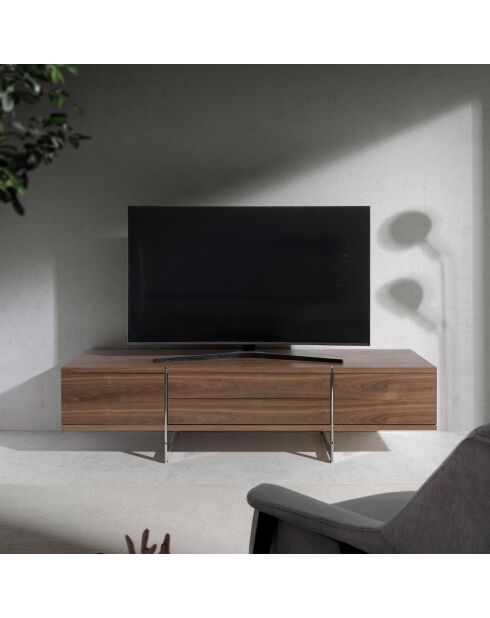 Meuble TV deux portes et deux tiroirs noyer/argenté - 180x56x46 cm