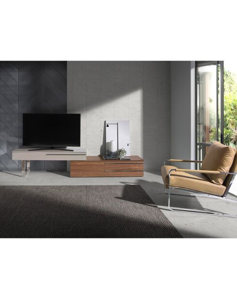 Meuble TV double laqué noyer/gris perle brillant - 152x45x53 cm