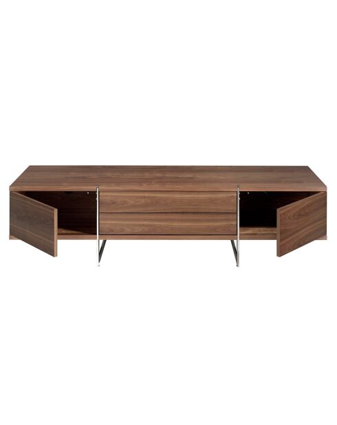 Meuble TV deux portes et deux tiroirs noyer/argenté - 180x56x46 cm