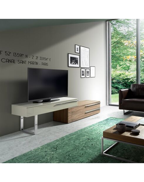 Meuble TV double laqué noyer/gris perle brillant - 152x45x53 cm