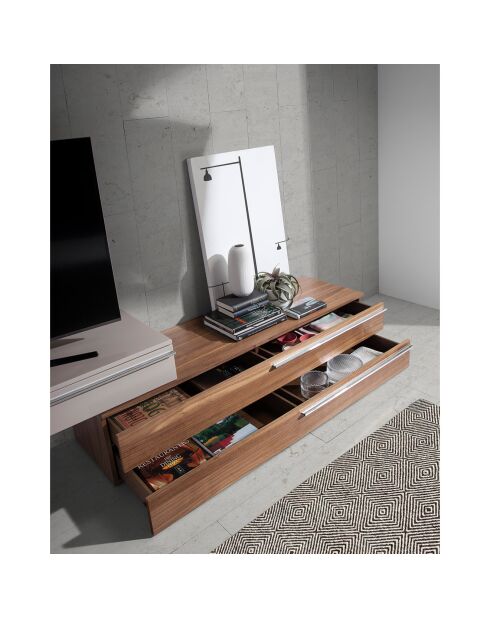 Meuble TV double laqué noyer/gris perle brillant - 152x45x53 cm