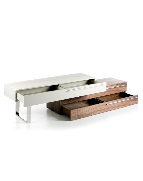Meuble TV double laqué noyer/gris perle brillant - 152x45x53 cm
