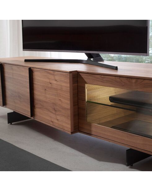 Meuble TV 4 portes avec intérieur led noyer/noir - 200x55x48 cm