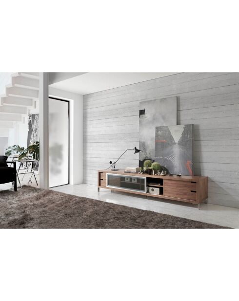 Meuble TV avec porte coulissante noyer/argenté - 238x53x51 cm