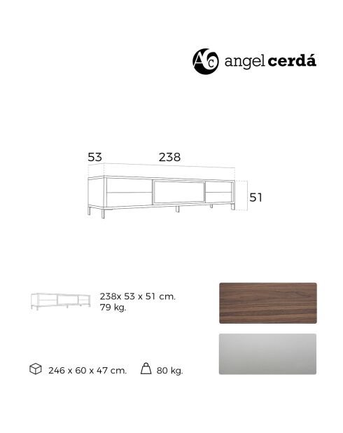 Tv-meubel met walnoot/zilveren schuifdeur - 238x53x51 cm