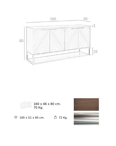 Buffet 4 portes noyer/acier - 160x46x80 cm