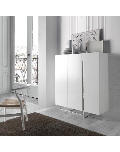 Buffet laqué 3 portes blanc/argenté - 120x42x135 cm