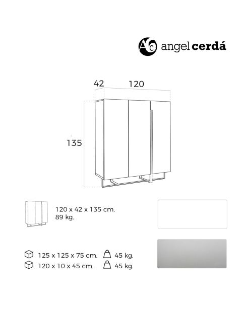 Buffet laqué 3 portes blanc/argenté - 120x42x135 cm