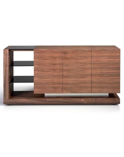 Buffet avec étagère en verre teinté et 3 portes noyer/ noir - 170x40x83 cm