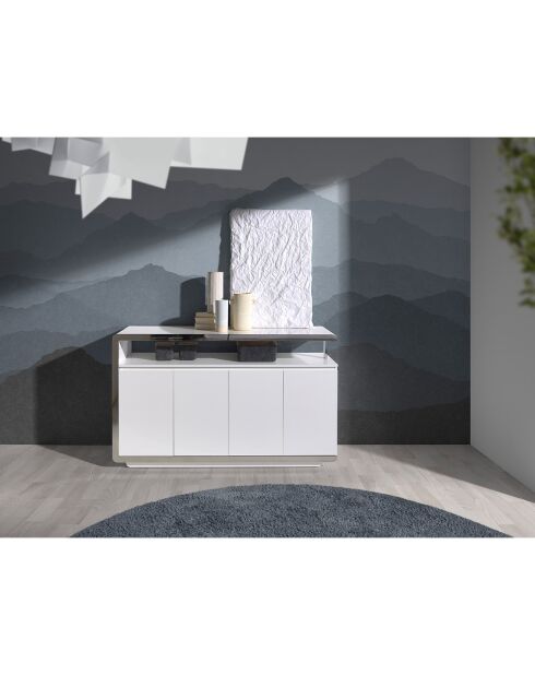 Buffet laqué 4 portes doubels blanc/argenté - 140x40x85 cm