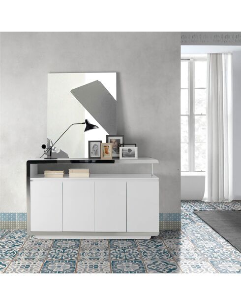 Buffet laqué 4 portes doubels blanc/argenté - 140x40x85 cm