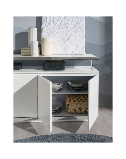 Buffet laqué 4 portes doubels blanc/argenté - 140x40x85 cm