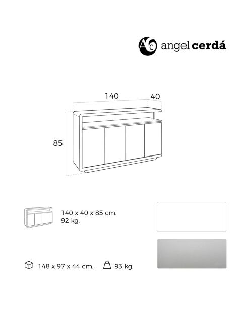 Buffet laqué 4 portes doubels blanc/argenté - 140x40x85 cm