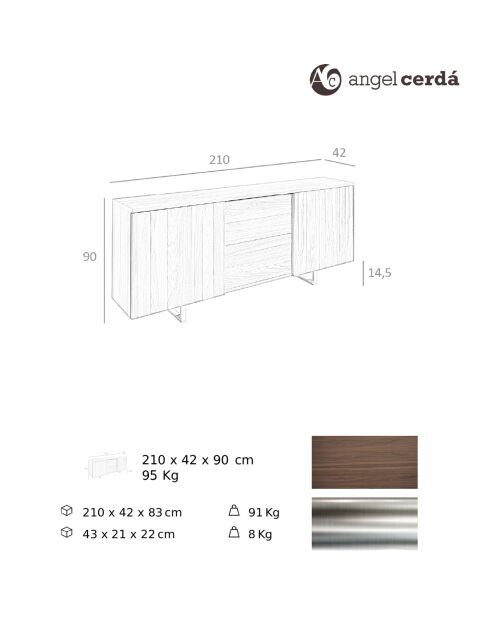 Buffet 4 tiroirs et portes coulissantes noyer - 210x42x90 cm