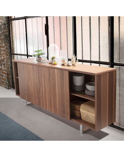 Buffet 4 tiroirs et portes coulissantes noyer - 210x42x90 cm