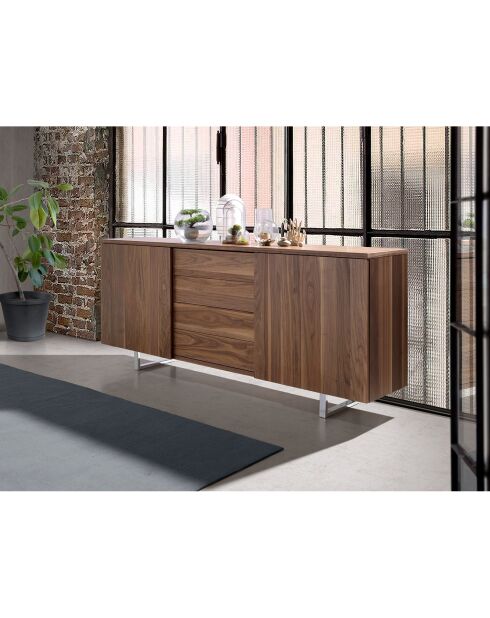 Buffet 4 tiroirs et portes coulissantes noyer - 210x42x90 cm