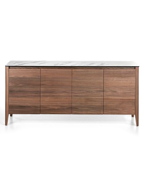 Buffet avec plateau en porcelaine et étagère en verre noyer/blanc/gris/transparent - 179x45x80 cm