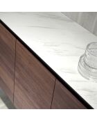 Buffet avec plateau en porcelaine et étagère en verre noyer/blanc/gris/transparent - 179x45x80 cm