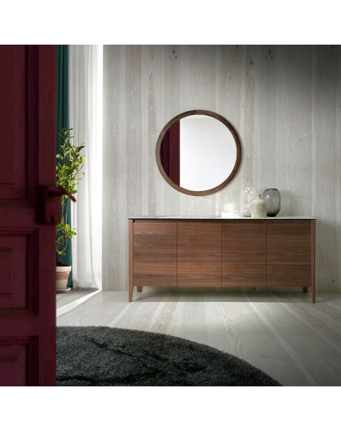 Buffet avec plateau en porcelaine et étagère en verre noyer/blanc/gris/transparent - 179x45x80 cm