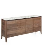 Buffet avec plateau en porcelaine et étagère en verre noyer/blanc/gris/transparent - 179x45x80 cm