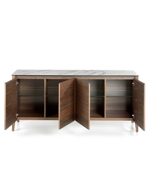 Buffet avec plateau en porcelaine et étagère en verre noyer/blanc/gris/transparent - 179x45x80 cm