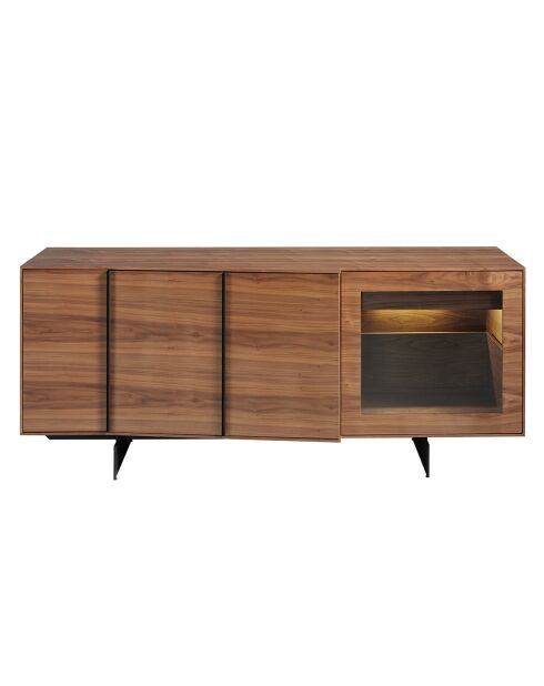 Aparador de 3 puertas y 2 cajones con interior LED en nogal/negro/cristal oscuro - 180x60x76 cm