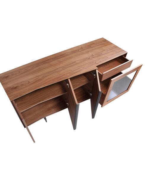 Buffet 3 portes et 2 tiroirs avec led intérieur noyer/noir/verre foncé - 180x60x76 cm