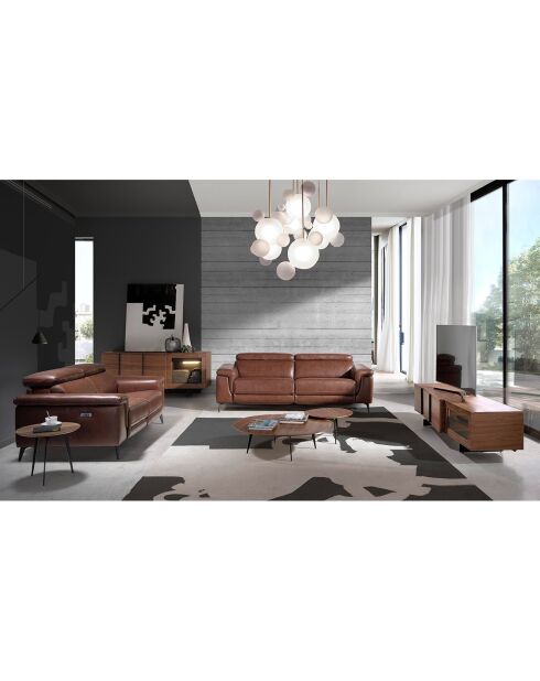 Aparador de 3 puertas y 2 cajones con interior LED en nogal/negro/cristal oscuro - 180x60x76 cm