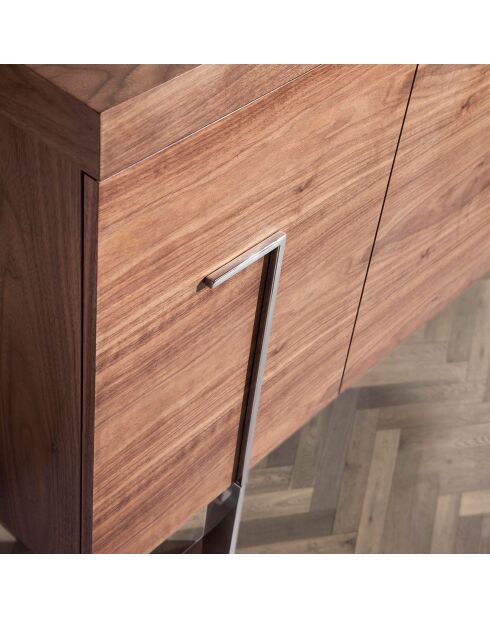 Buffet 3 portes et 2 tiroirs avec led intérieur noyer/noir/verre foncé - 180x60x76 cm