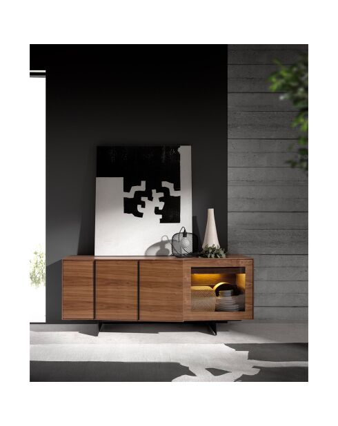 Buffet 3 portes et 2 tiroirs avec led intérieur noyer/noir/verre foncé - 180x60x76 cm