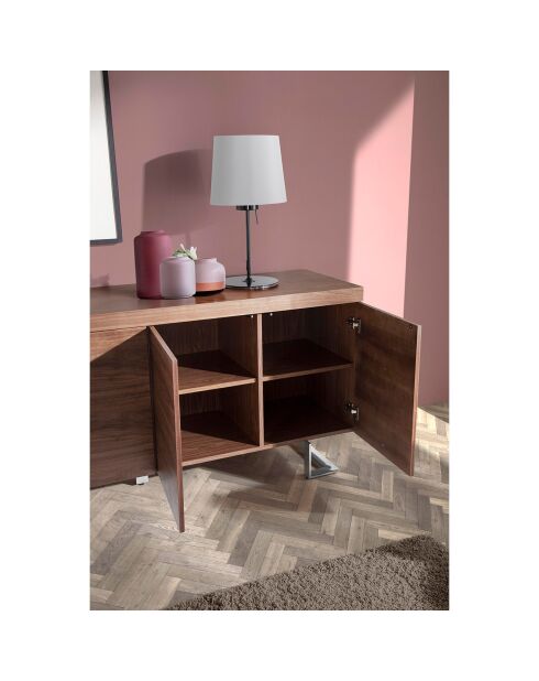 Aparador de 3 puertas y 2 cajones con interior LED en nogal/negro/cristal oscuro - 180x60x76 cm