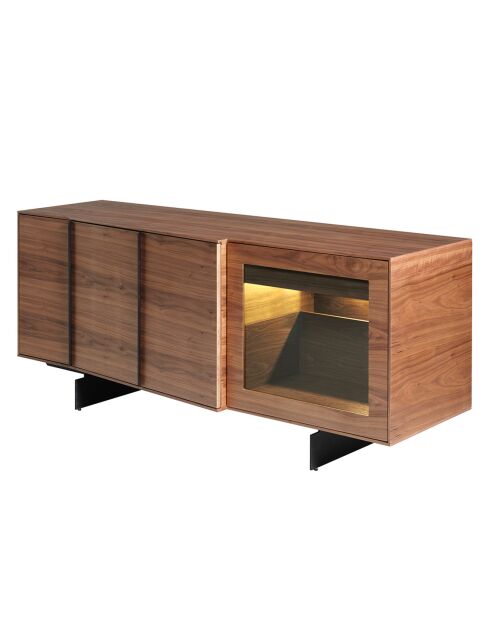 Aparador de 3 puertas y 2 cajones con interior LED en nogal/negro/cristal oscuro - 180x60x76 cm