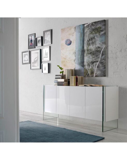 Buffet laqué 4 portes côté en verre trempé blanc - 170x43x77 cm