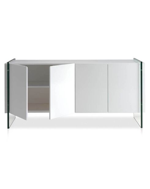 Buffet laqué 4 portes côté en verre trempé blanc - 170x43x77 cm