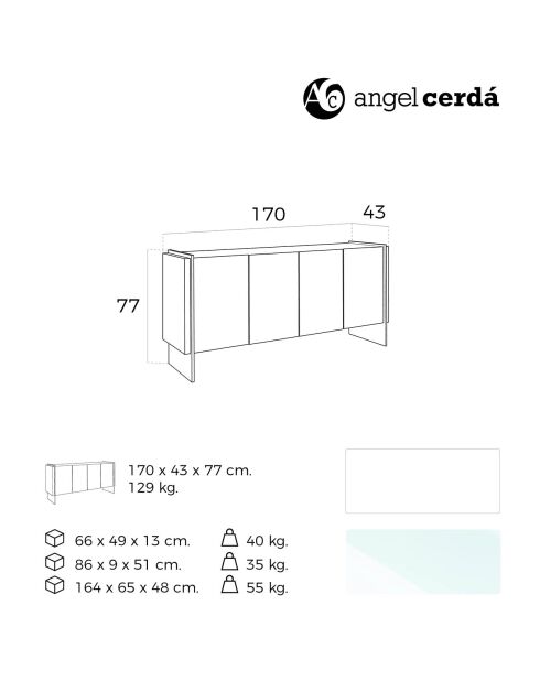 Buffet laqué 4 portes côté en verre trempé blanc - 170x43x77 cm