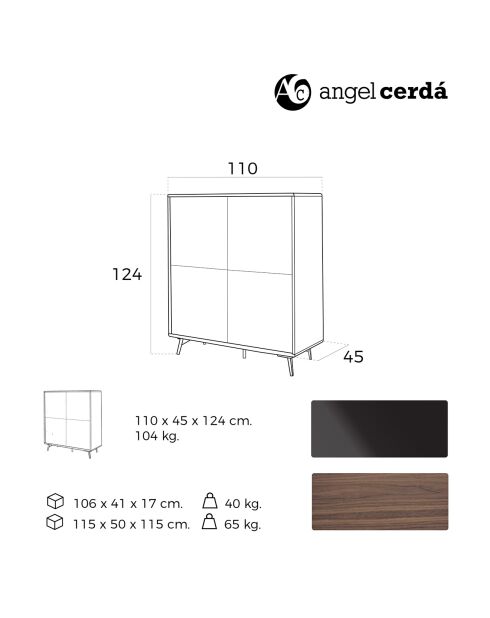 Buffet 2 portes en verre miroir noyer/noir - 110x45x124 cm
