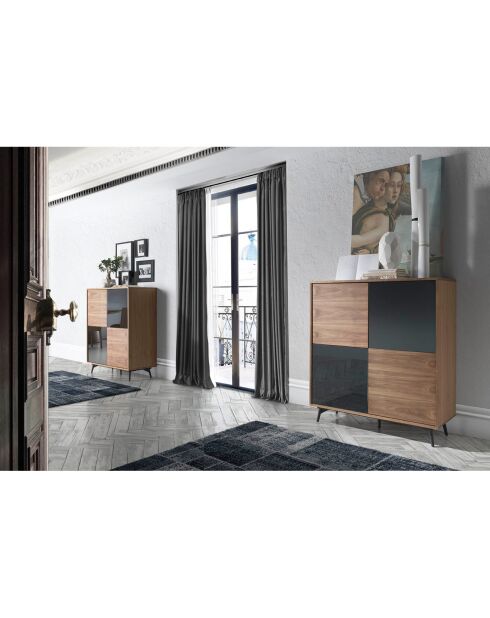 Buffet 2 portes en verre miroir noyer/noir - 110x45x124 cm