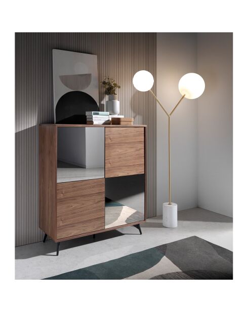 Buffet 2 portes en verre miroir noyer/noir - 110x45x124 cm