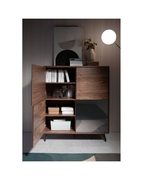 Buffet 2 portes en verre miroir noyer/noir - 110x45x124 cm