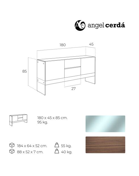Credenza a 4 ante in vetro specchiato in noce - 180x45x85 cm