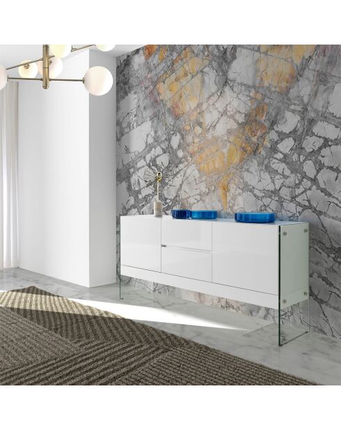 Buffet laqué 2 portes et 2 tiroirs blanc/transparent - 180x45x85 cm