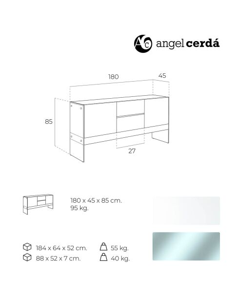 Buffet laqué 2 portes et 2 tiroirs blanc/transparent - 180x45x85 cm