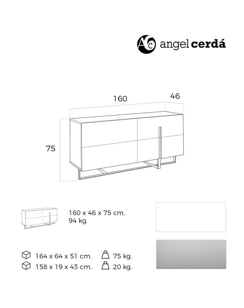 Buffet laqué 4 doubles tiroirs blanc/argenté - 160x46x75 cm