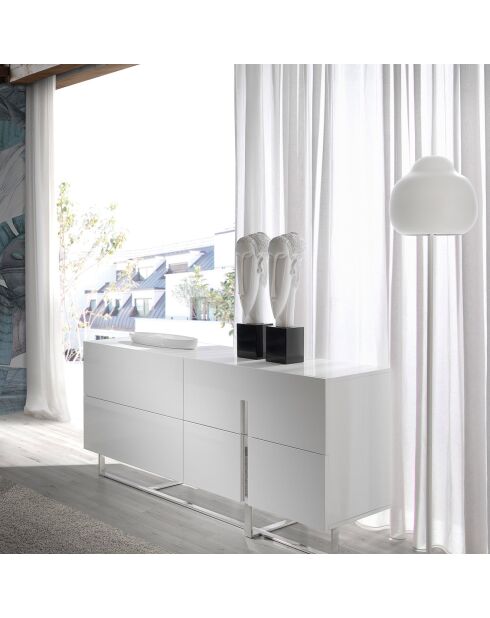 Buffet laqué 4 doubles tiroirs blanc/argenté - 160x46x75 cm