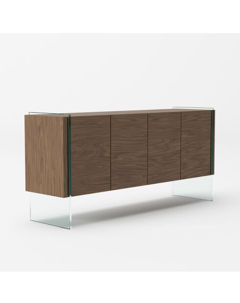 Buffet 4 portes et côtés en verre noyer/transparent - 170x43x77 cm